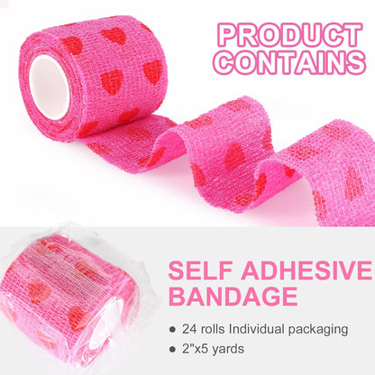 24 Pack Self Adhesive Vet Wrap & Medical Tape, 2 Inch x 5 Yards Cohesive Bandage Wrap - Pink Heart