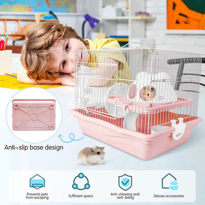 PINVNBY Dwarf Hamster Cage, Small Animal Cages, 2-Tier Travel Portable Mouse Cage Hamster Carrier