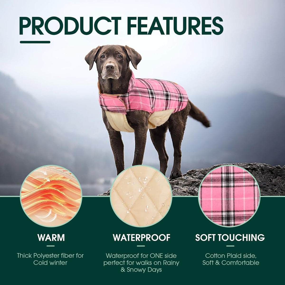 Kuoser Waterproof Dog Coat, Reversible Dog Jacket for Large Dogs, Adjustable Durable Doggie Winter