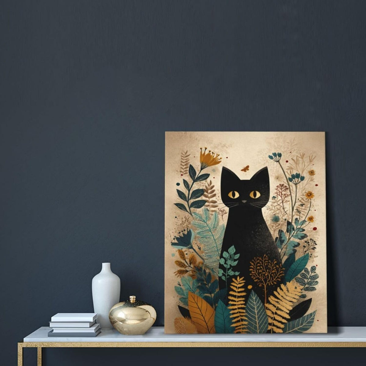 Boho Black Cat Wall Art Kitten Botanical Wall Decor Mid Century Modern Canvas Painting Print