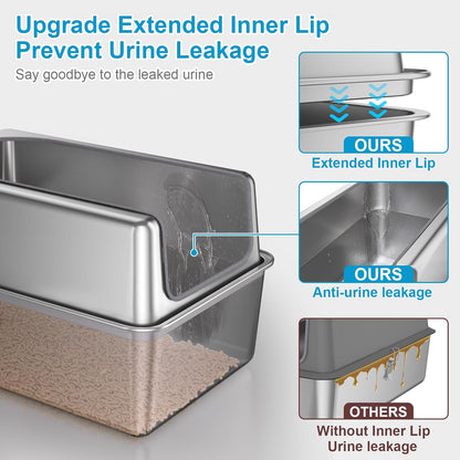 14'' High Sides XXL All Stainless Steel Cat Litter Box with Lid,XL Deep Metal Litter Box for Big