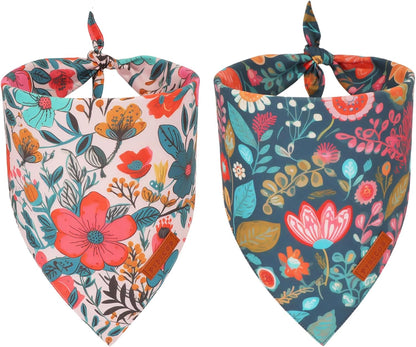 PTDECOR Flower Dog Bandana,2 Pcs Floral Reversible Dog Scarf, Multi Size, Triangle Pet Bandanas for