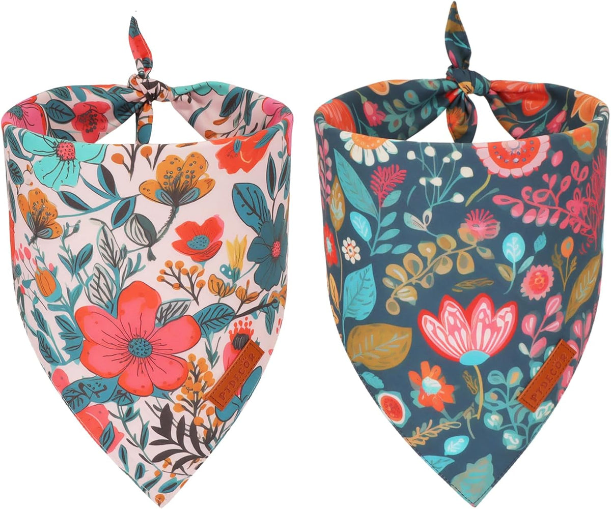 PTDECOR Flower Dog Bandana,2 Pcs Floral Reversible Dog Scarf, Multi Size, Triangle Pet Bandanas for