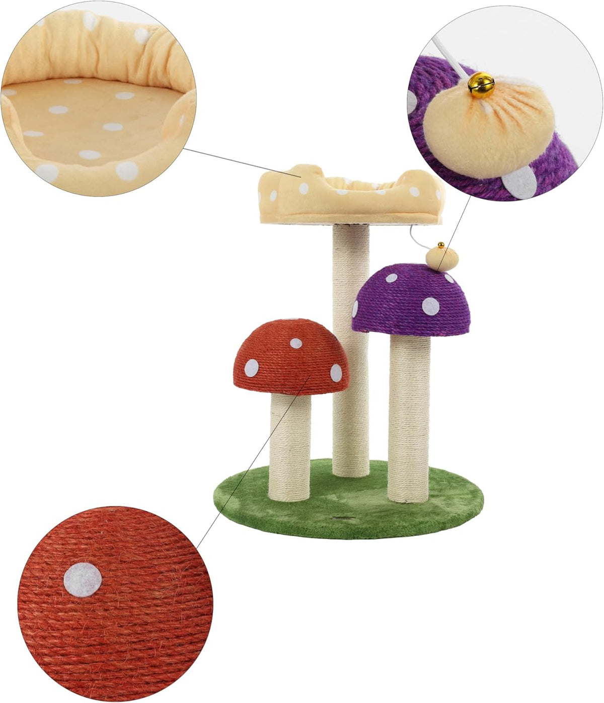 CTR1001A Pixie 22.5" 3-Tier Cottage Sisal Mushroom Cat Tree with Scratching Posts, Napping Perch