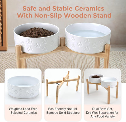 SPUNKYJUNKY Elevated Dog Bowls Ceramic, 8.3'' Dogs Food Water Bowls Raised with Non-Slip Bamboo