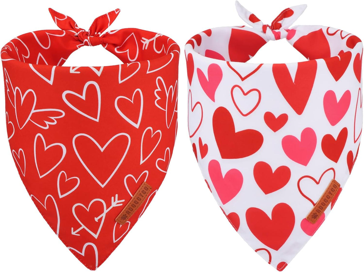 ADOGGYGO Valentine Dog Bandanas, Red Pink Heart Pet Scarf, Multi Size Offered, White Red Valentine