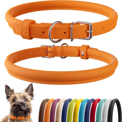 CollarDirect Rolled Leather Dog Collar, Soft Padded Round Puppy Collar, Handmade Genuine Leather