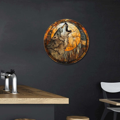 Lygond Metal Sign Tin Sign Circular Stained Glass Gray Wolf Bar Signs for Home Bar for Bar 8×8