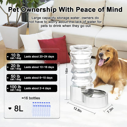 RIZZARI Large Gravity Water Dispenser: 8L Automatic Dog Water Feeder with Stainless Steel Bowl for