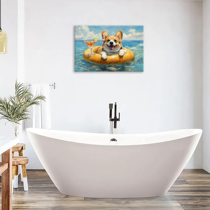 Ocean Funny Corgi Dog Pictures Wall Art, Bathroom Cute Dog Wall Decor Sea Coastal Framed Painting