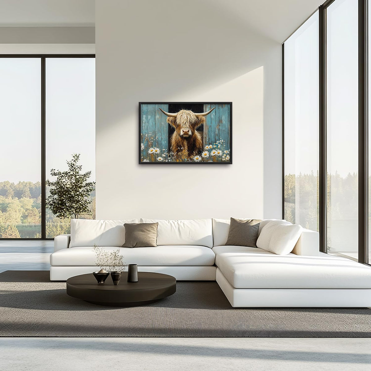 Large Farmhouse Highland Cow Country Wall Art for Living Room, Floral Canvas Oversized Wall Decor
