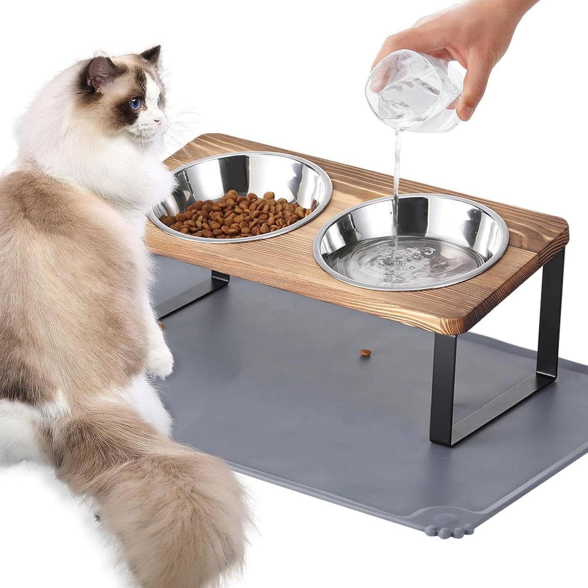 Upgraded Elevated Cat Bowls with Food Mat,15°Tilted Stand Anti Vomiting Raised Cat Dishes for Food