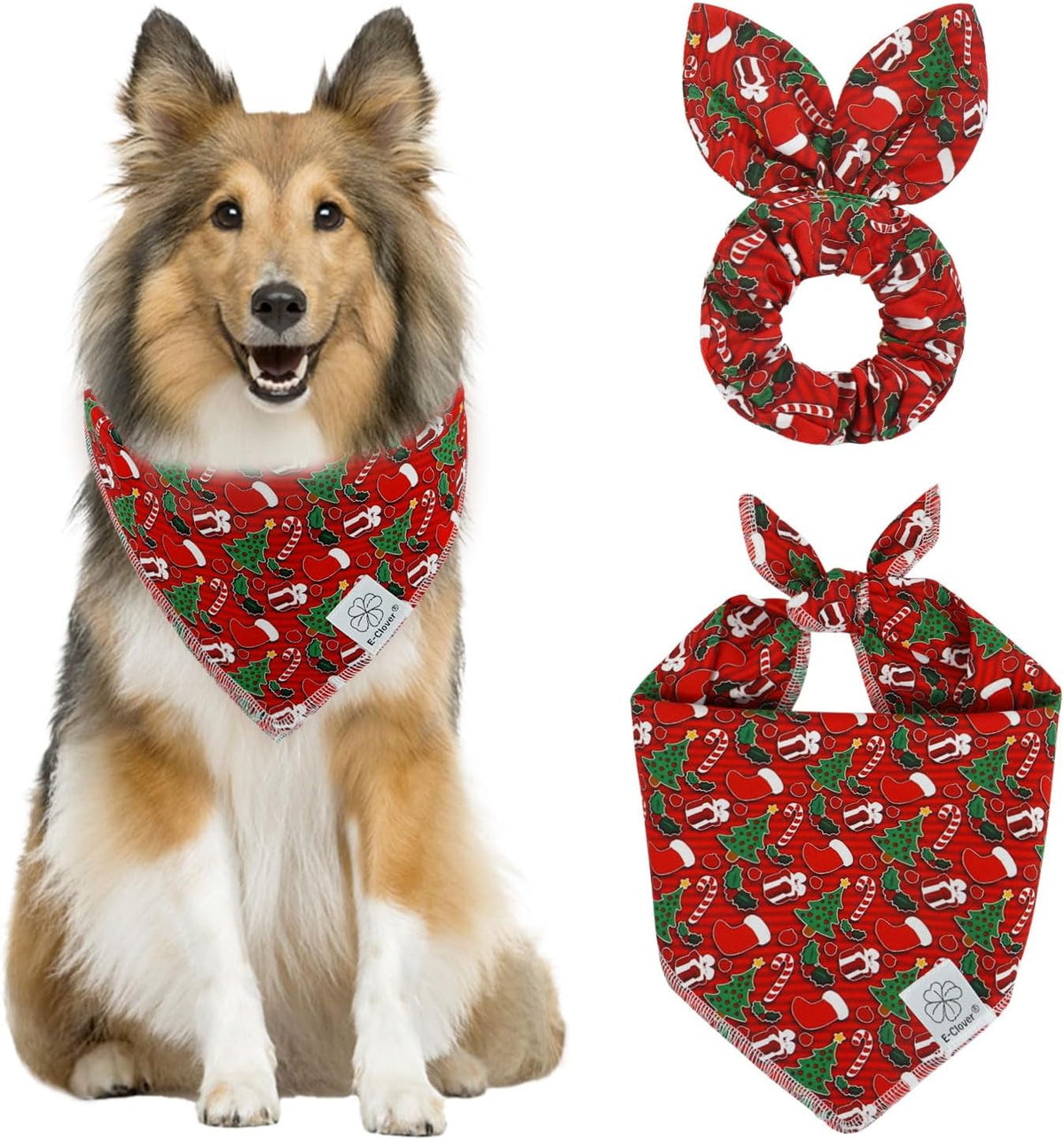 E-Clover Christmas Dog Bandanas & Matching Scrunchie Set Green Red Dog Scarf Bibs Pet Bandana with