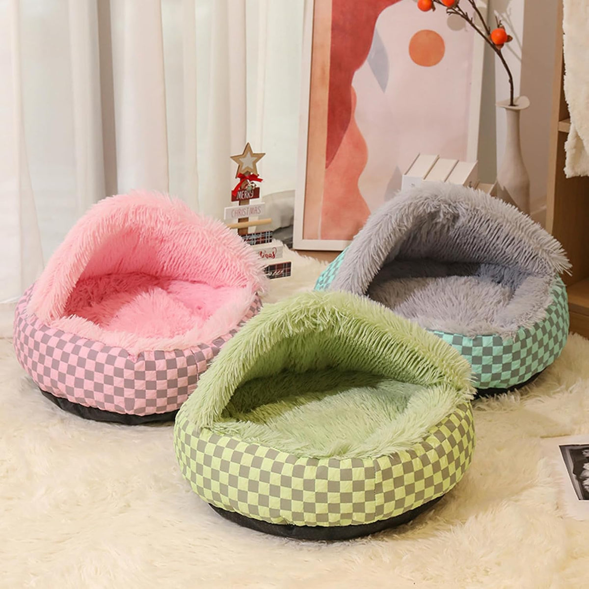Cat Bed Hooded Plush Nest with Self-Warming Cozy Cave, Calming Anti-Anxiety Pet Bed for Indoor Cats