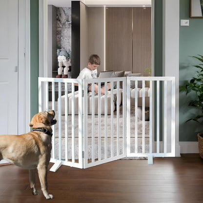 ZJSF Freestanding Indoor Dog Gate for House Foldable Wood White Puppy Gate for Doorways Pet Gate