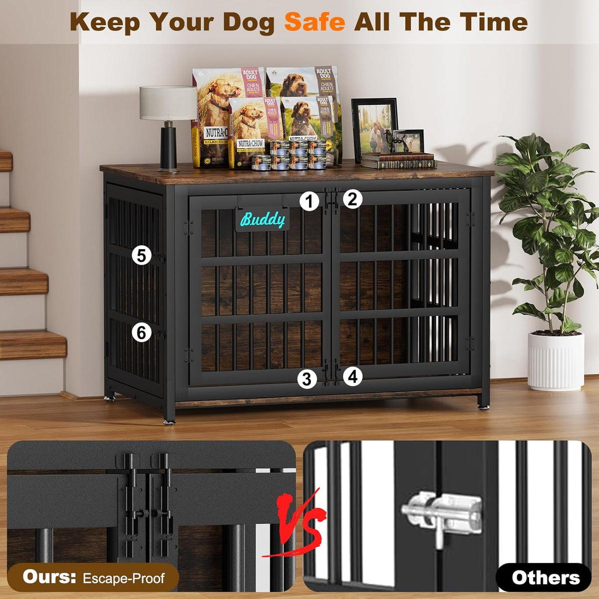 EasyCom 48"/42"/33" Dog Crate Furniture with Name Tag, Heavy Duty Dog Kennel Indoor for Large Dogs