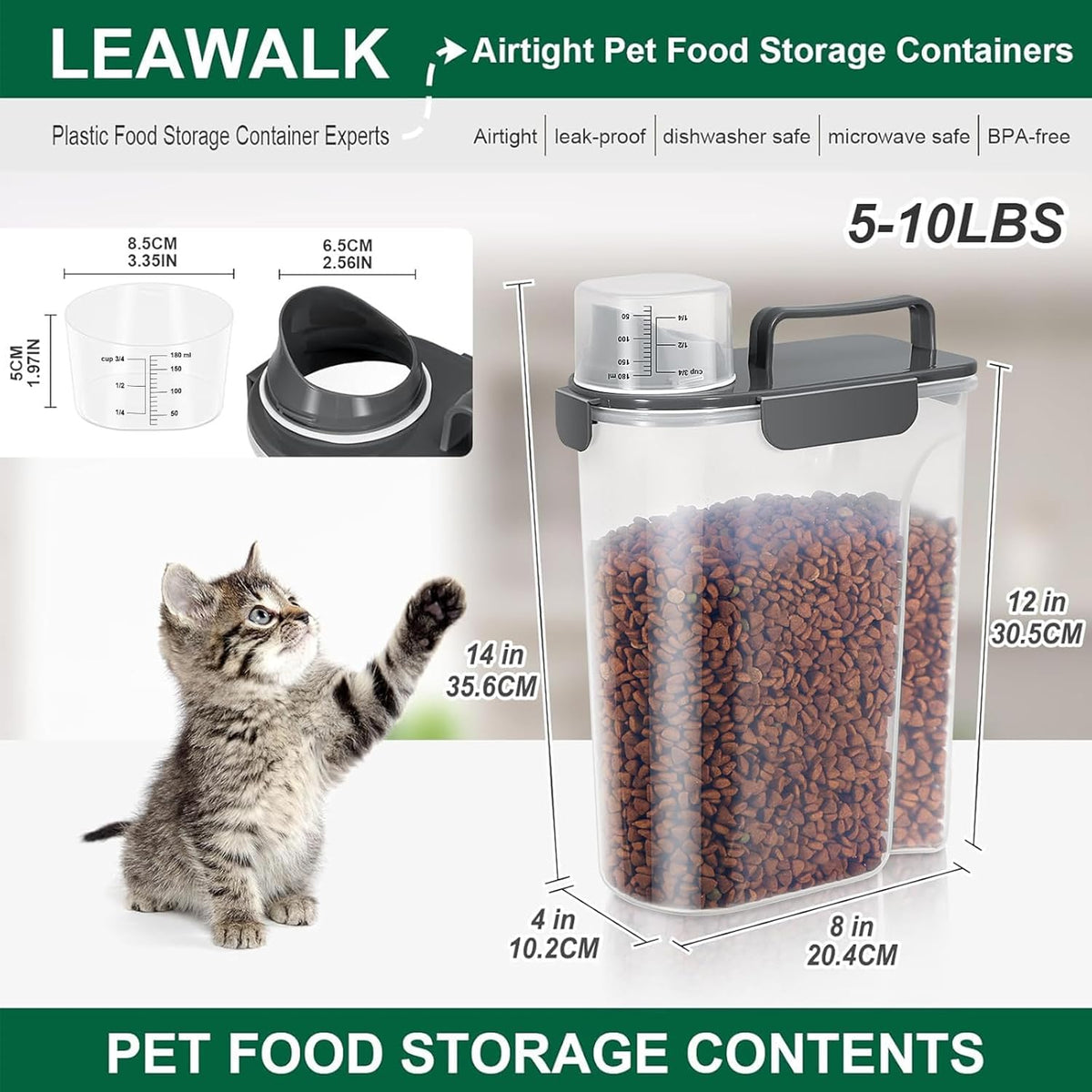 5-7Lbs Cat Dog Storage Container, Portable Pet Food Containers with Upgraded Large Spout and Cup