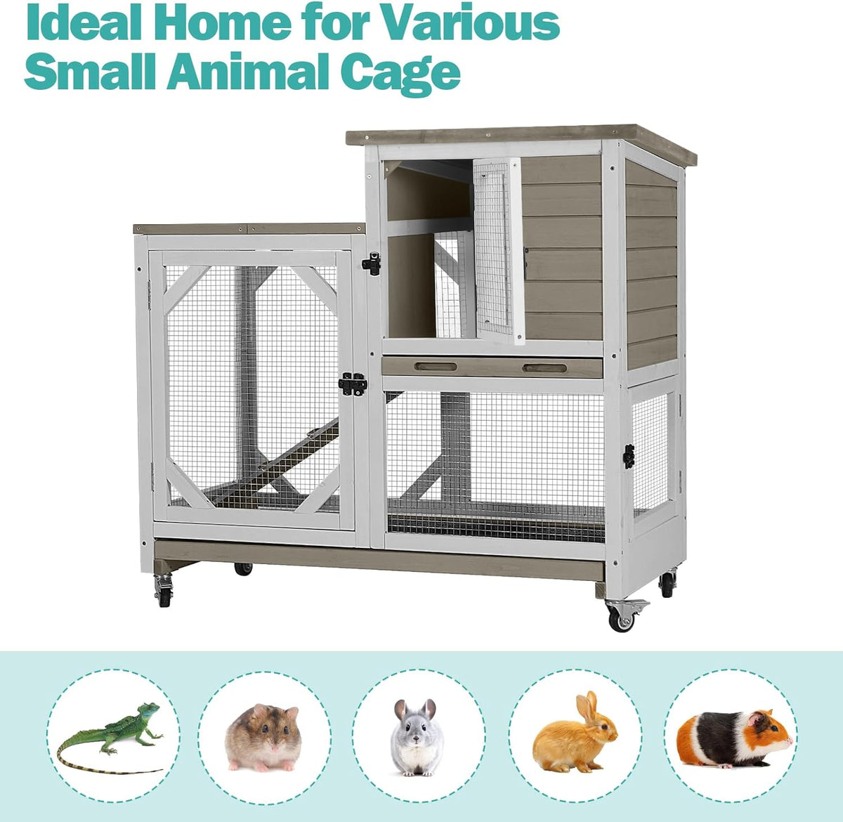 Rabbit Hutch Indoor for 2-4 Rabbits & Guinea Pigs，Bunny Cage with Slide-Out Plastic Trays，Wooden