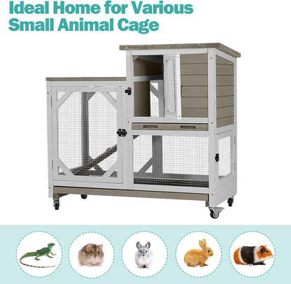 Rabbit Hutch Indoor for 2-4 Rabbits & Guinea Pigs，Bunny Cage with Slide-Out Plastic Trays，Wooden