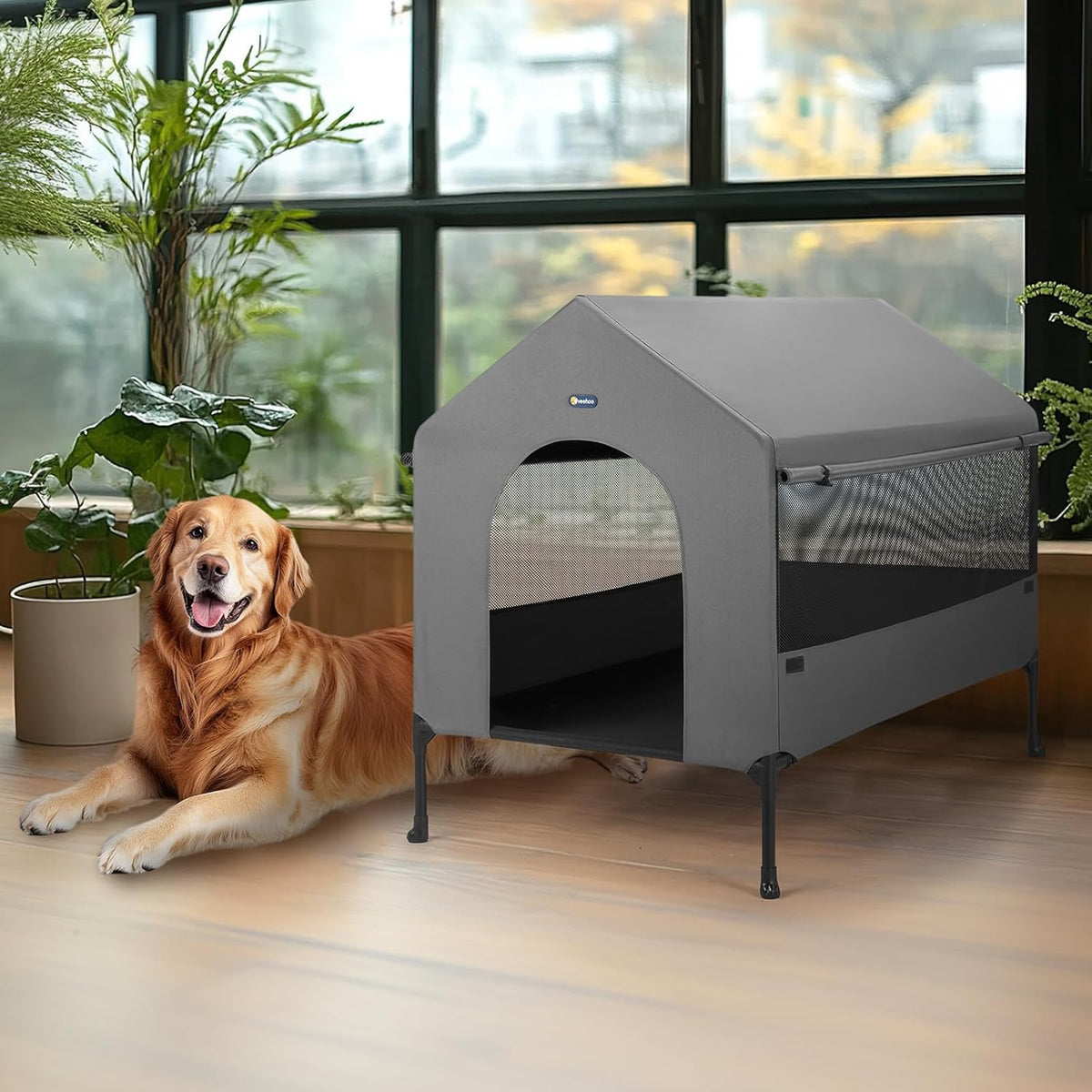Veehoo 41" Dog House, 2-in-1 Large Dog House Outdoor Indoor Weatherproof, Outside Elevated Dog Cot