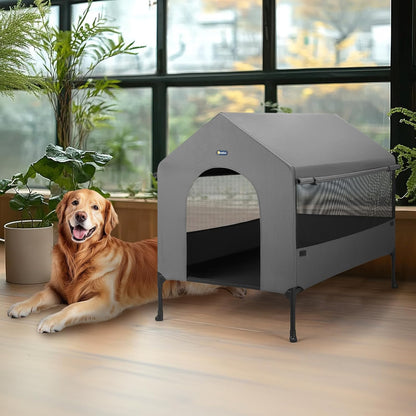 Veehoo 41" Dog House, 2-in-1 Large Dog House Outdoor Indoor Weatherproof, Outside Elevated Dog Cot
