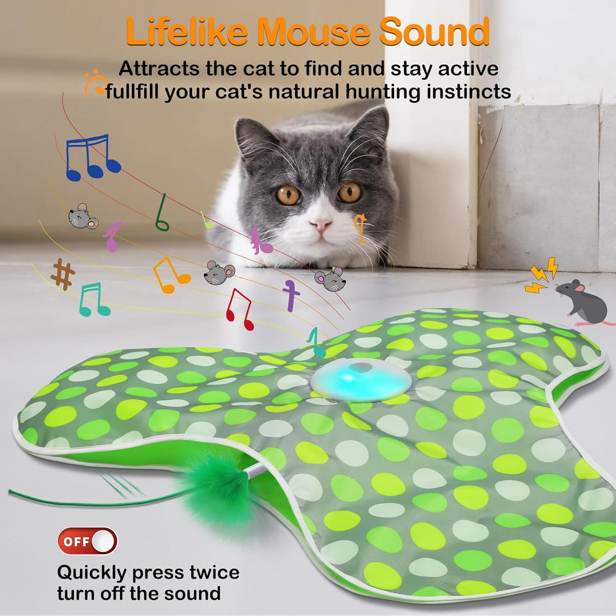Interactive Cat Toys Rechargeable,Moving Concealed Feathers,Real Mouse Squeaky,Touch Activated Cat