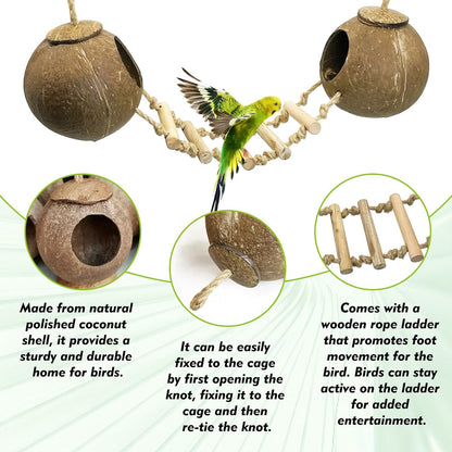 kathson 5Pcs Bird Coconut House with Ladder Parakeet Coconut Nest for Cages Parrot Hut Hanging