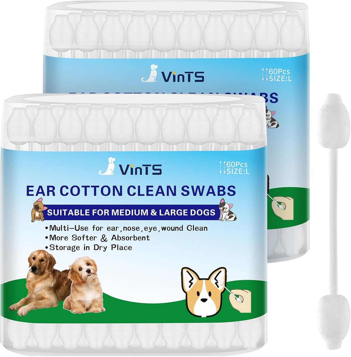 VinTS 120Pcs Cotton Dog Ear Cleaning Swabs,2 Pack Dog Ear Infection Treatment Gourd-Shaped Ear