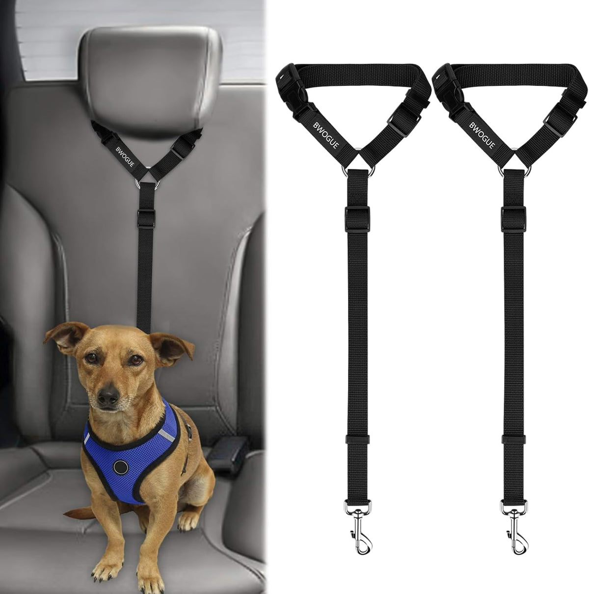 BWOGUE 2 Packs Dog Cat Safety Seat Belt Strap Car Headrest Restraint Adjustable Nylon Fabric Dog