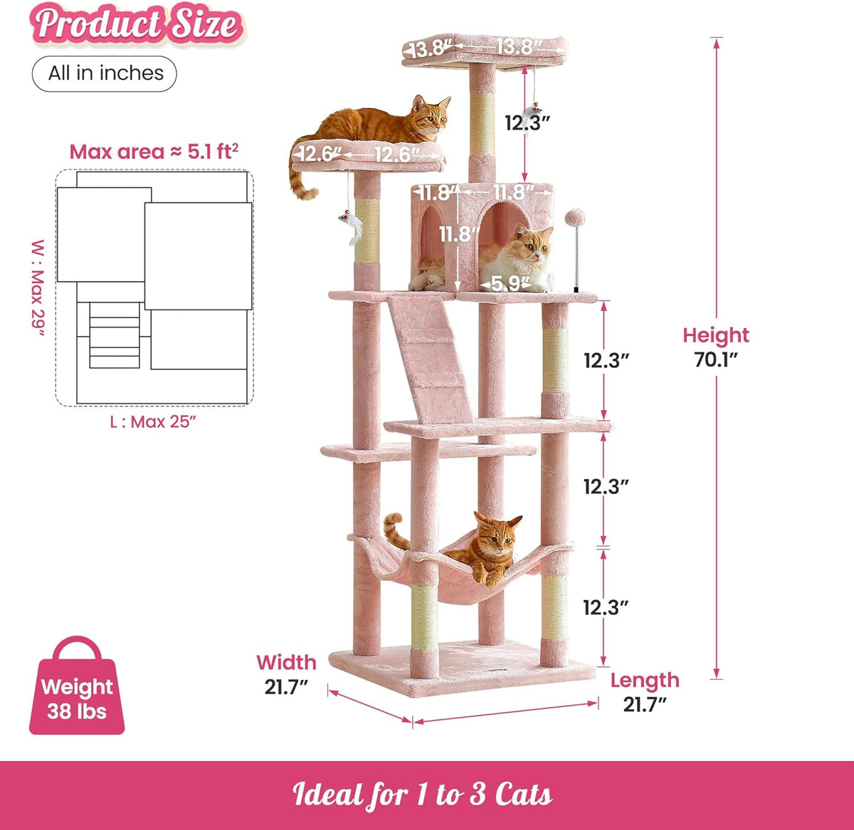 MWPO 70.1-Inch Pink Large Cat Tree, Multi-Level Tall Cat Tower for Indoor Cats, Plush Cat Condo