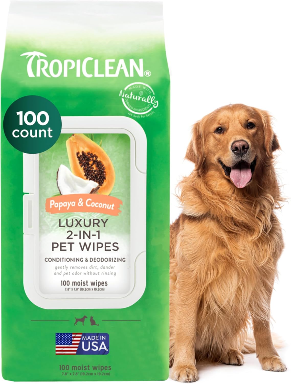 TropiClean Papaya & Coconut Luxury 2-in-1 Pet Wipes, 100ct - Wipes for Dogs & Cats - Gently Removes