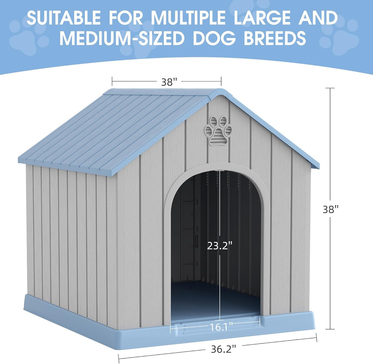 Large Outdoor Plastic Dog House - Indoor Outdoor Use for Medium & Large Dogs, Durable Waterproof