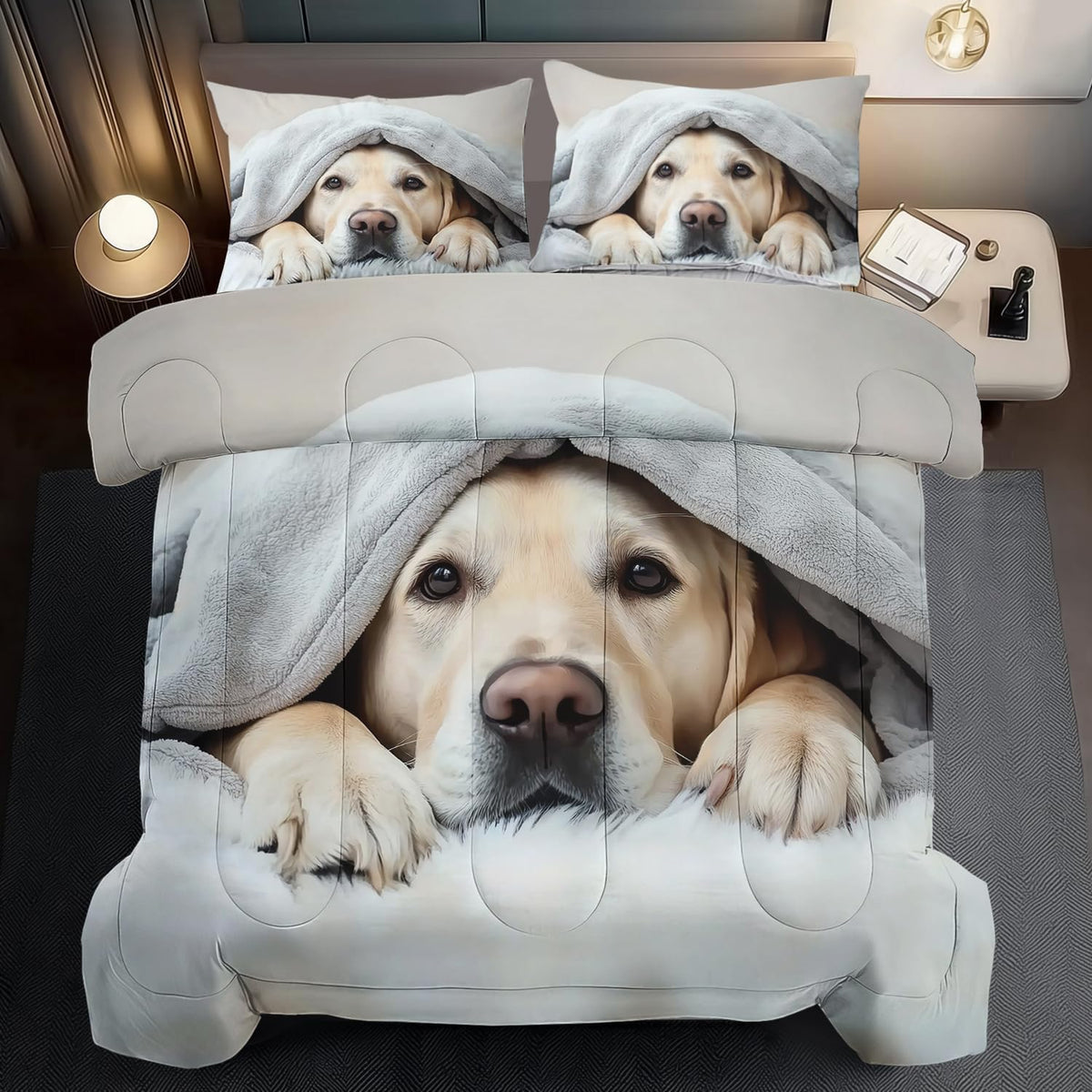 Grey Dog Comforter Set King Size Boy,Kawaii Pet Dog Animal Print Bedding Set for Girl,Cute Pet