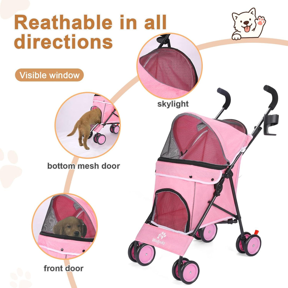 Umbrella Dog Stroller, 4 Wheels Pet Strolling, Foldable Carrier Pet Stroller for Small Dogs Cats
