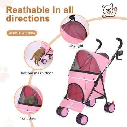 Umbrella Dog Stroller, 4 Wheels Pet Strolling, Foldable Carrier Pet Stroller for Small Dogs Cats