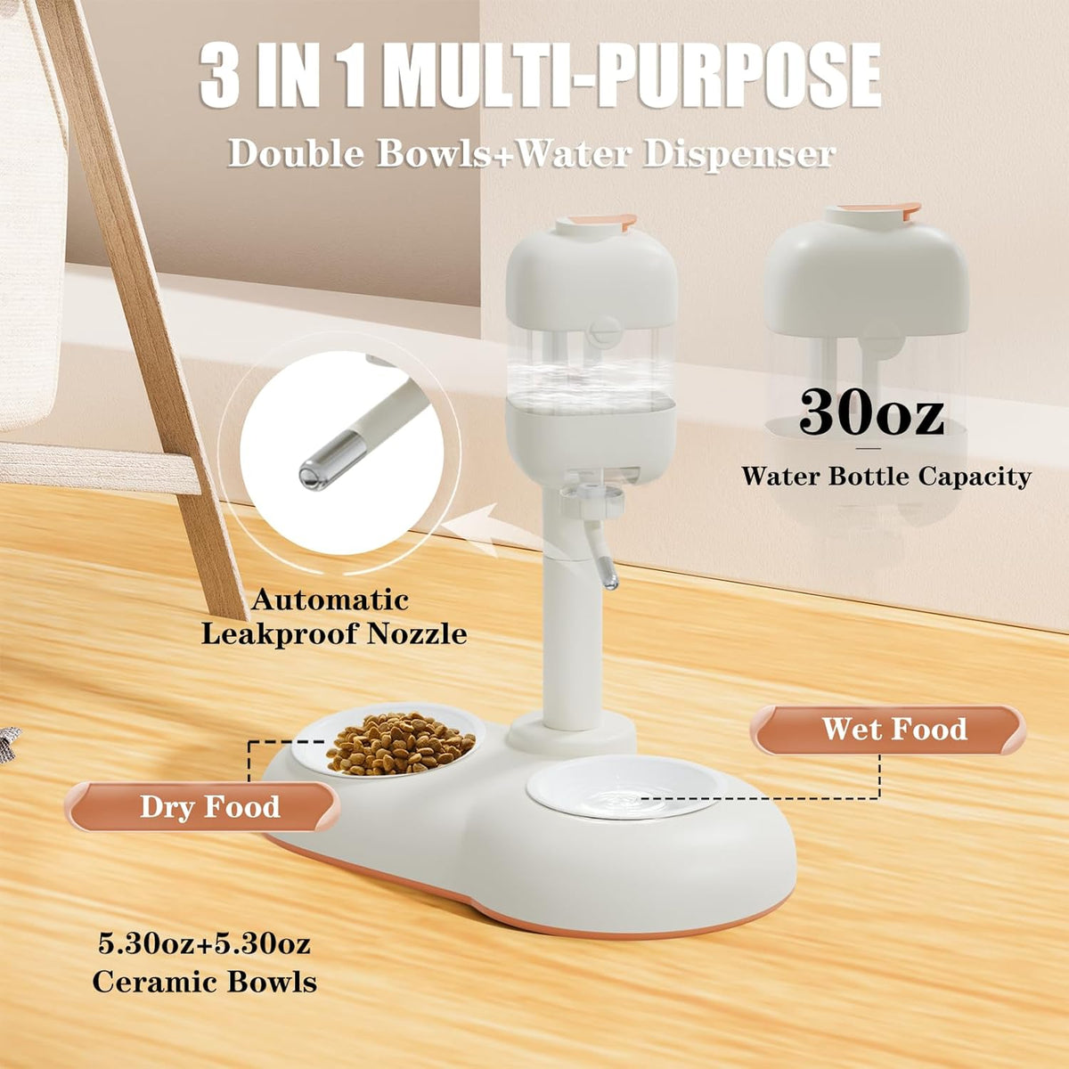Pet Bowls with Weaning Bottles,3 in 1 Height Adjustable Water Dispenser for Dogs,15°Tilted Food