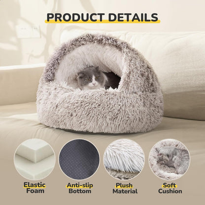 CATISM Plush Hooded Cat Bed, Calming Nest, Self-Warming Cave, Cozy Pod for Indoor Cats or Small