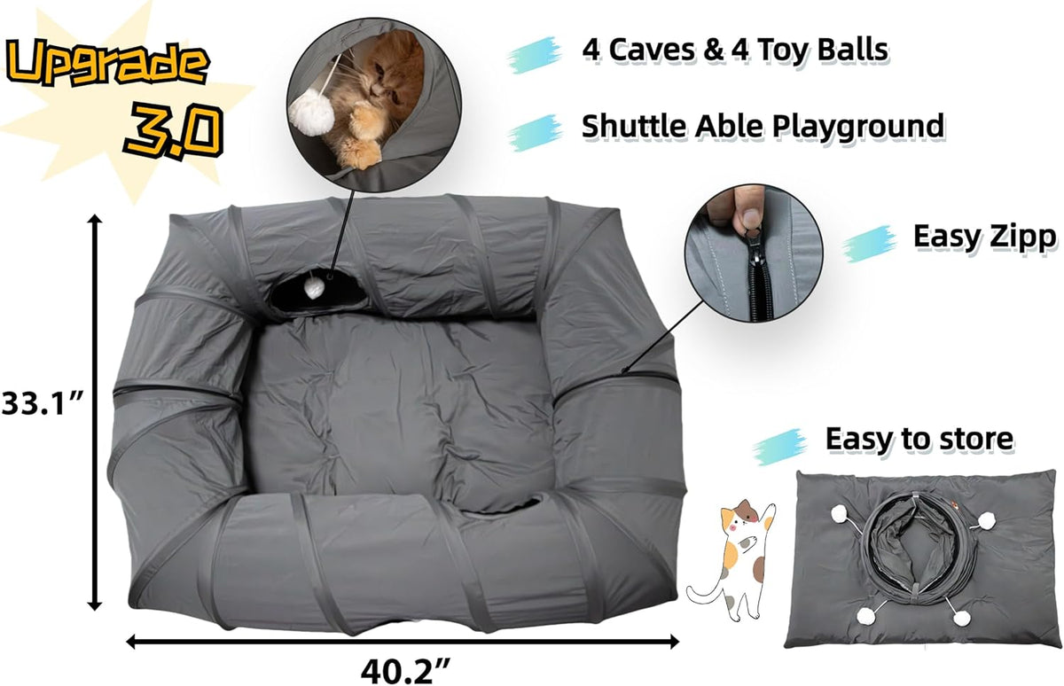 XxingSheep 4 Ways Shuttled XL Cat Tunnel Bed for Indoor Cats Peekaboo Cat Cave Donut with Cool Mat