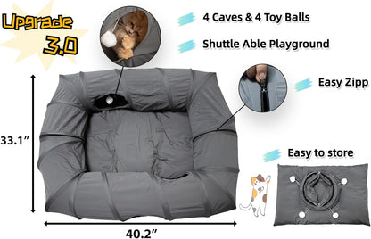 XxingSheep 4 Ways Shuttled XL Cat Tunnel Bed for Indoor Cats Peekaboo Cat Cave Donut with Cool Mat