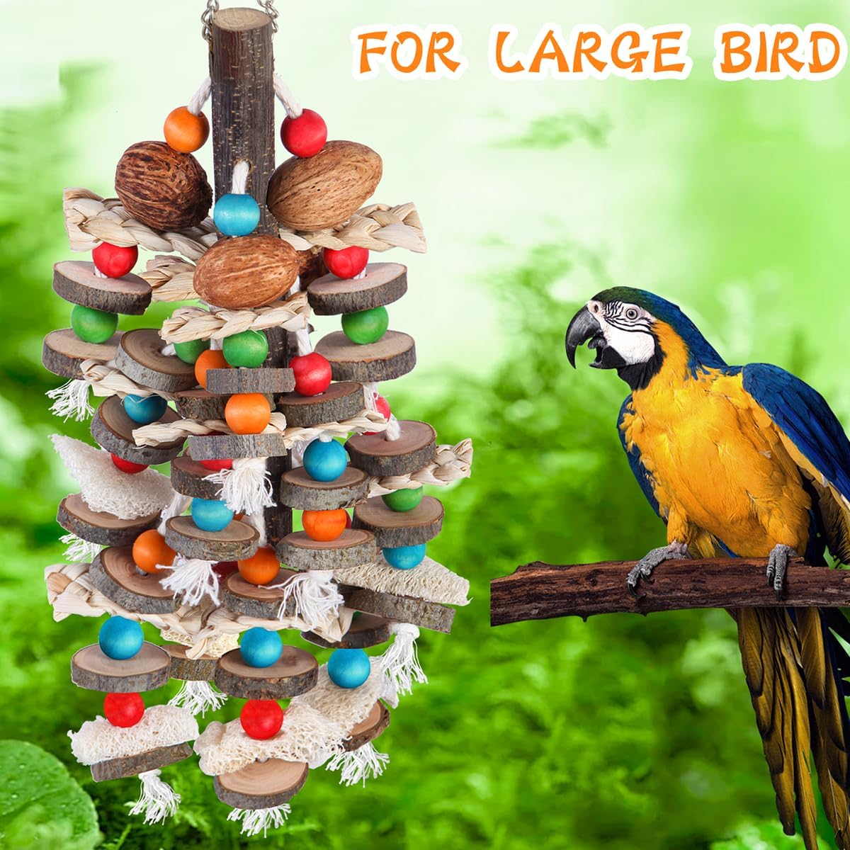 BBjinronjy Large Parrot Toys Bird Chewing Toys-Natural Nuts Corn Loofah Wooden Bird Cage Toy for