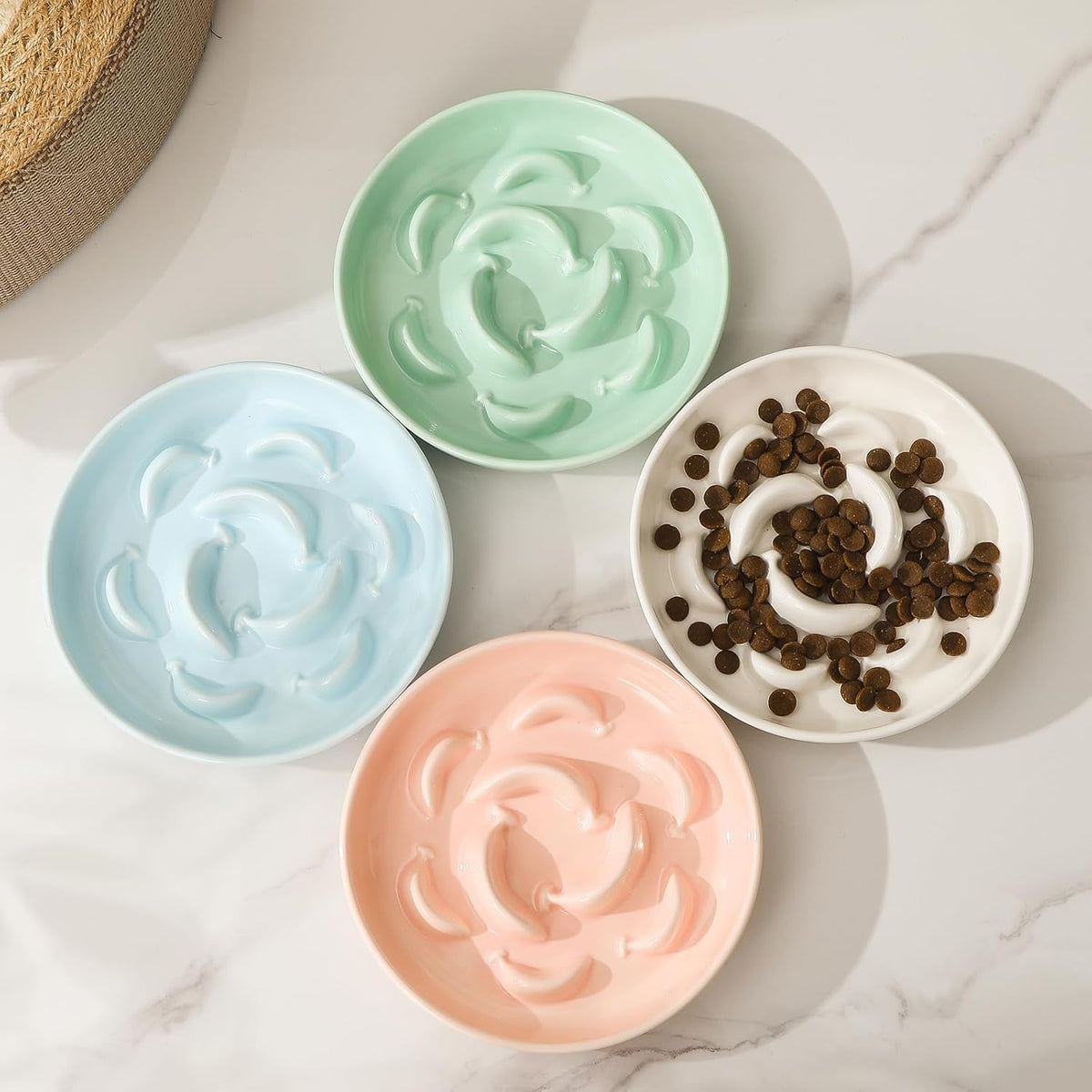 Ceramic Cat Slow Feeder Bowl - Pastel Series Cat Plate for Dry and Wet Food - Cute Maze Feeder Dish