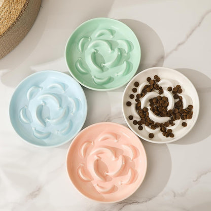 Ceramic Cat Slow Feeder Bowl - Pastel Series Cat Plate for Dry and Wet Food - Cute Maze Feeder Dish