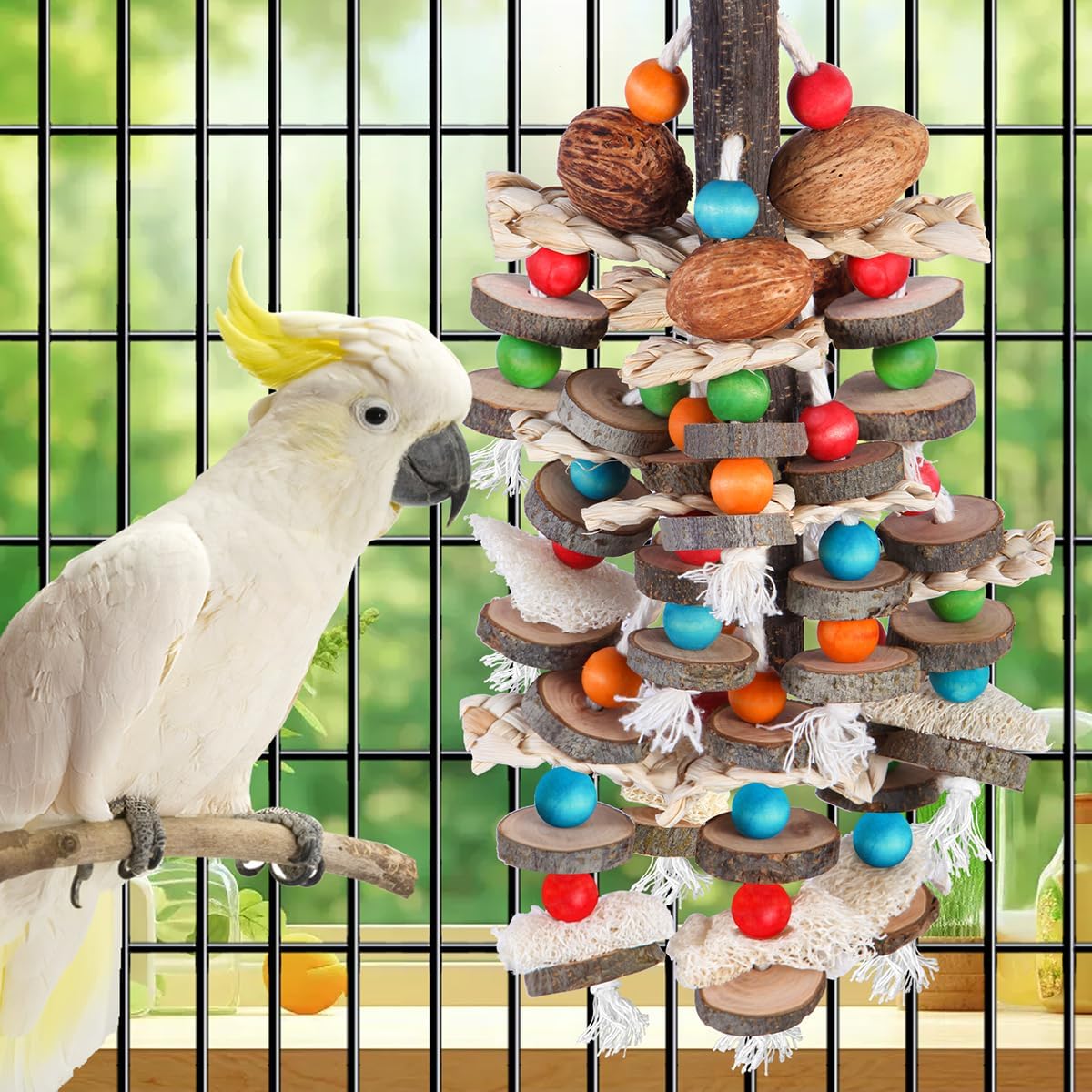BBjinronjy Large Parrot Toys Bird Chewing Toys-Natural Nuts Corn Loofah Wooden Bird Cage Toy for