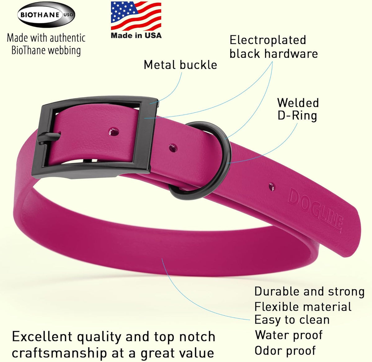 Dogline Biothane Waterproof Dog Collar Strong Coated Nylon Webbing with Black Hardware Odor- Proof