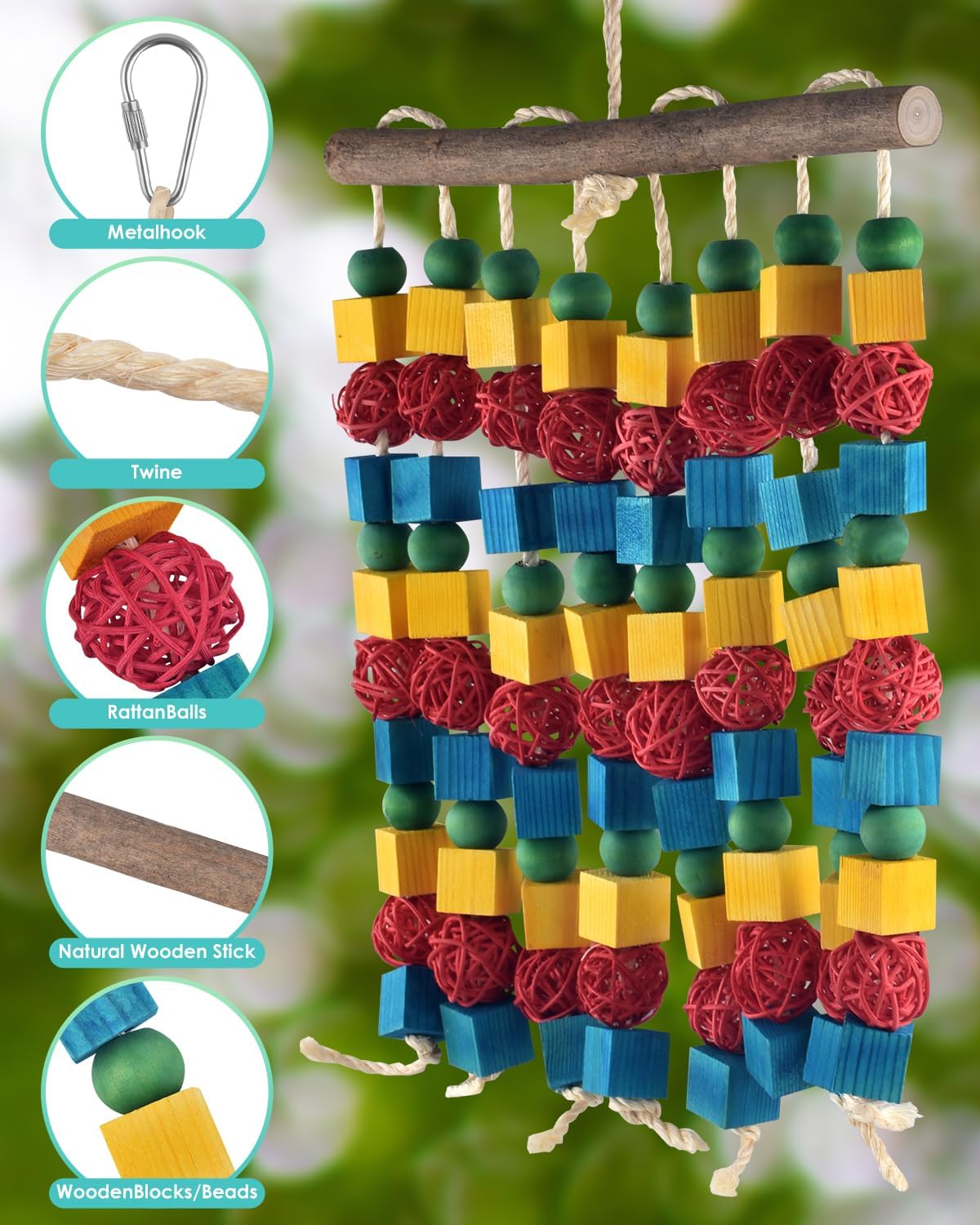 Large Parrot Toys, 17.7 inch Multicolored Natural Wooden Blocks Beads Rattan Balls, Bird Chew and