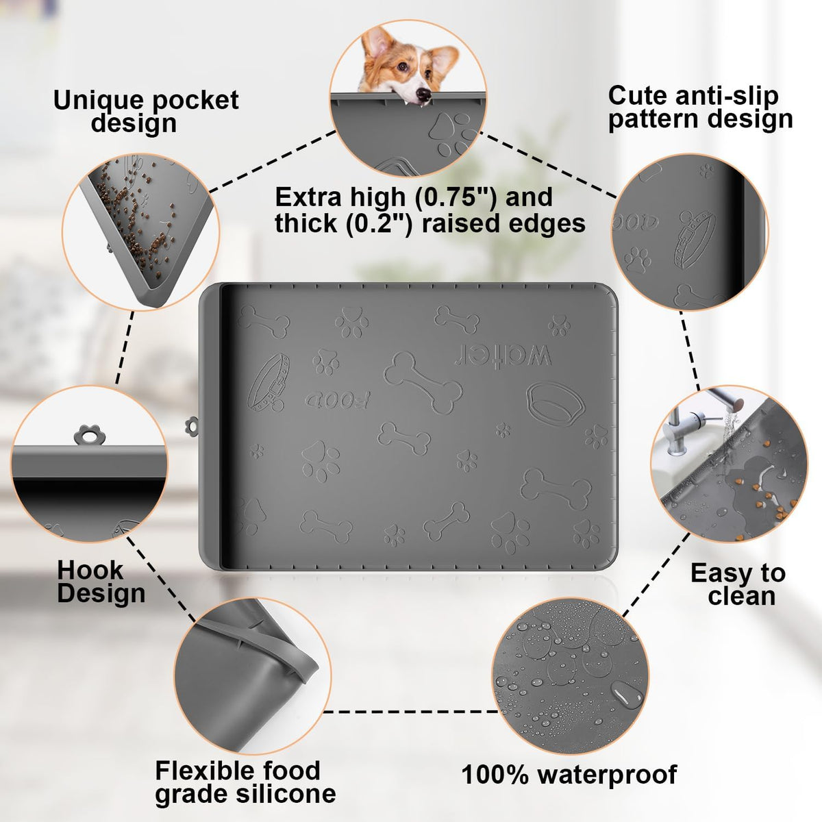 Dog Food Mat - Silicone Dog Mat for Water - 19" x 12" Pet Feeding Mats with Residue Collection