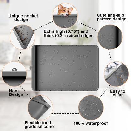 Dog Food Mat - Silicone Dog Mat for Water - 19" x 12" Pet Feeding Mats with Residue Collection