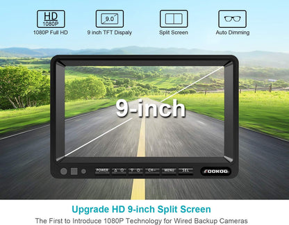 Fookoo ??HD 1080P 9" Wired Backup Camera System, 9-inch DVR Dual Split Screen Monitor, IP69