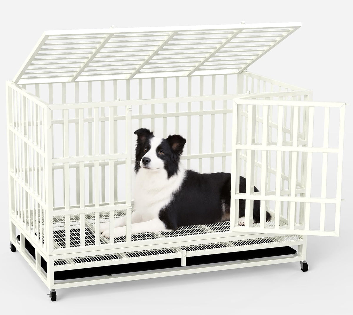 48 Inch Heavy Duty Dog Crate Steel Escape Proof, Indoor Double Door High Anxiety Cage Removable