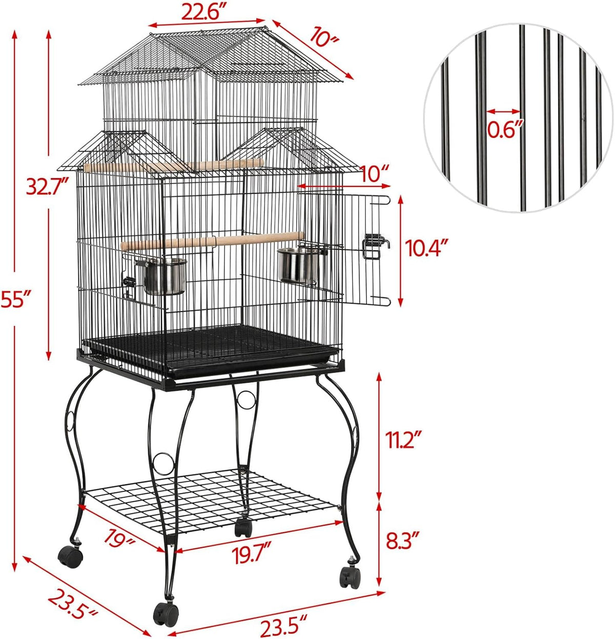Yaheetech Budgie Cage 55-inch Rolling Standing Triple Roof Medium Parrot Cage Pet Bird Cage with